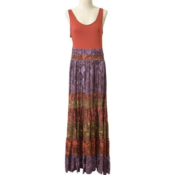 Anthropologie Size M Colima Tiered Snake Print Maxi Dress Purple Rust Hippy Boho - Picture 1 of 9